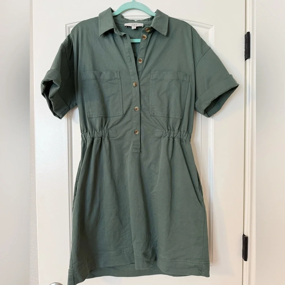 Loft Olive Green Button-Up Shirt Dress - 10P - Picture 1 of 2